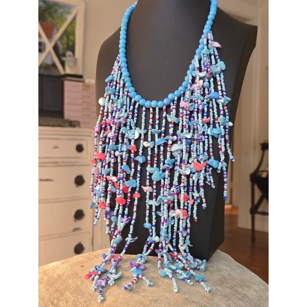 Artisan Blue Beaded Fringe Necklace Shell Mermaid Vintage Matching Earrings